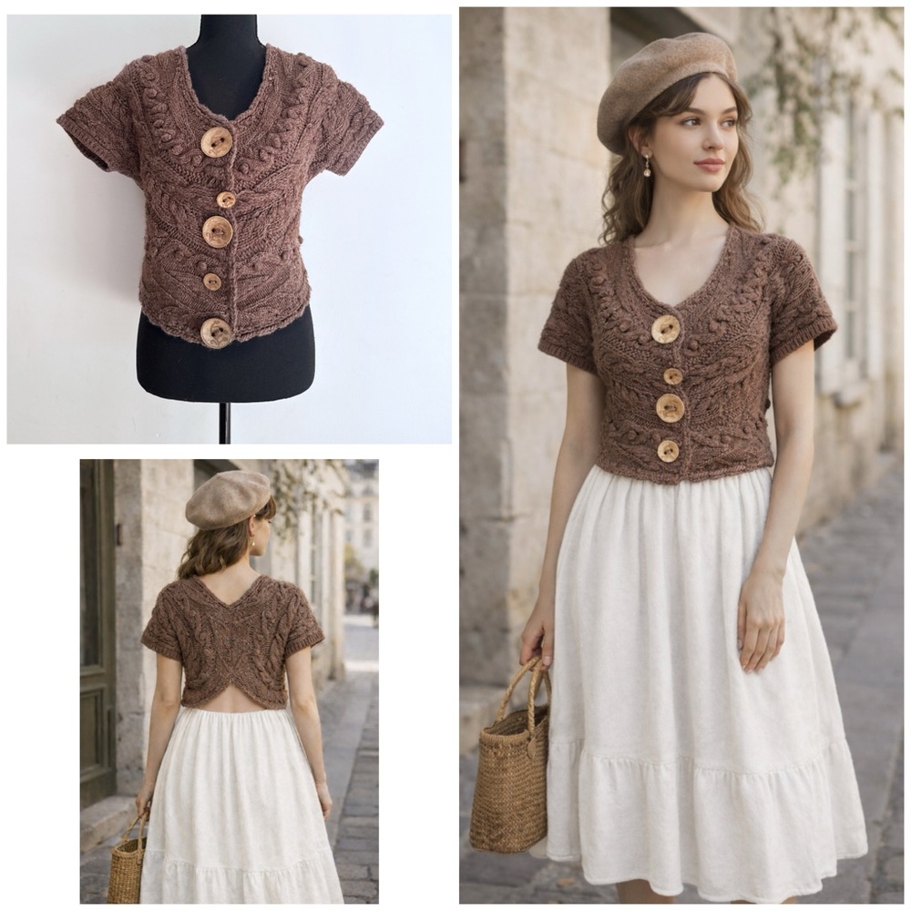 Vintage Anthropologie Sleeping on Snow Brown Knit Button-Front Cropped Sweater S